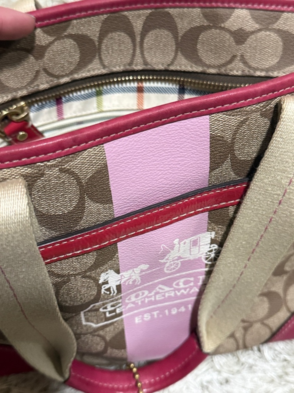 Coach Beige Signature Canvas Tote with Pink Trim - Picture 3 of 6